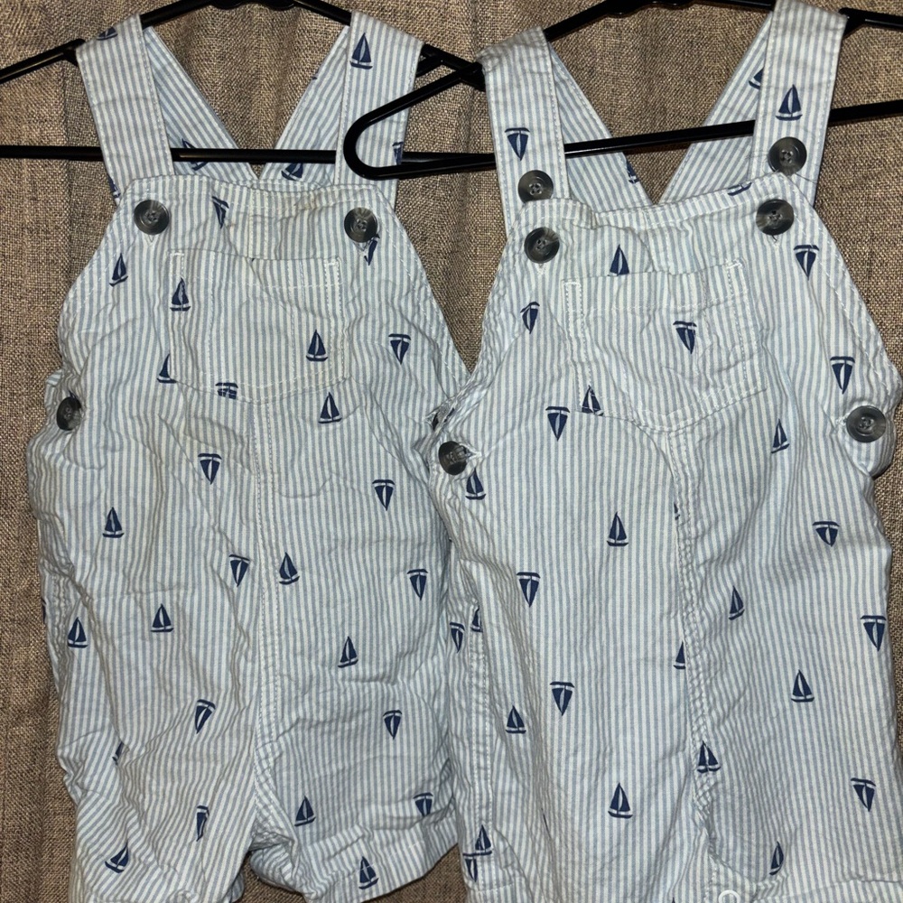 CARTERS Striped Blue & White Sailboat Overalls (twins)